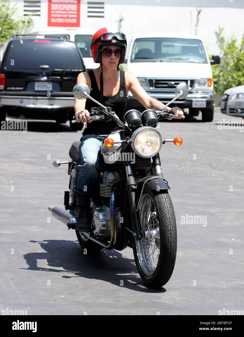 Pink was seen arriving on her Triumph motorcycle this afternoon at a ...