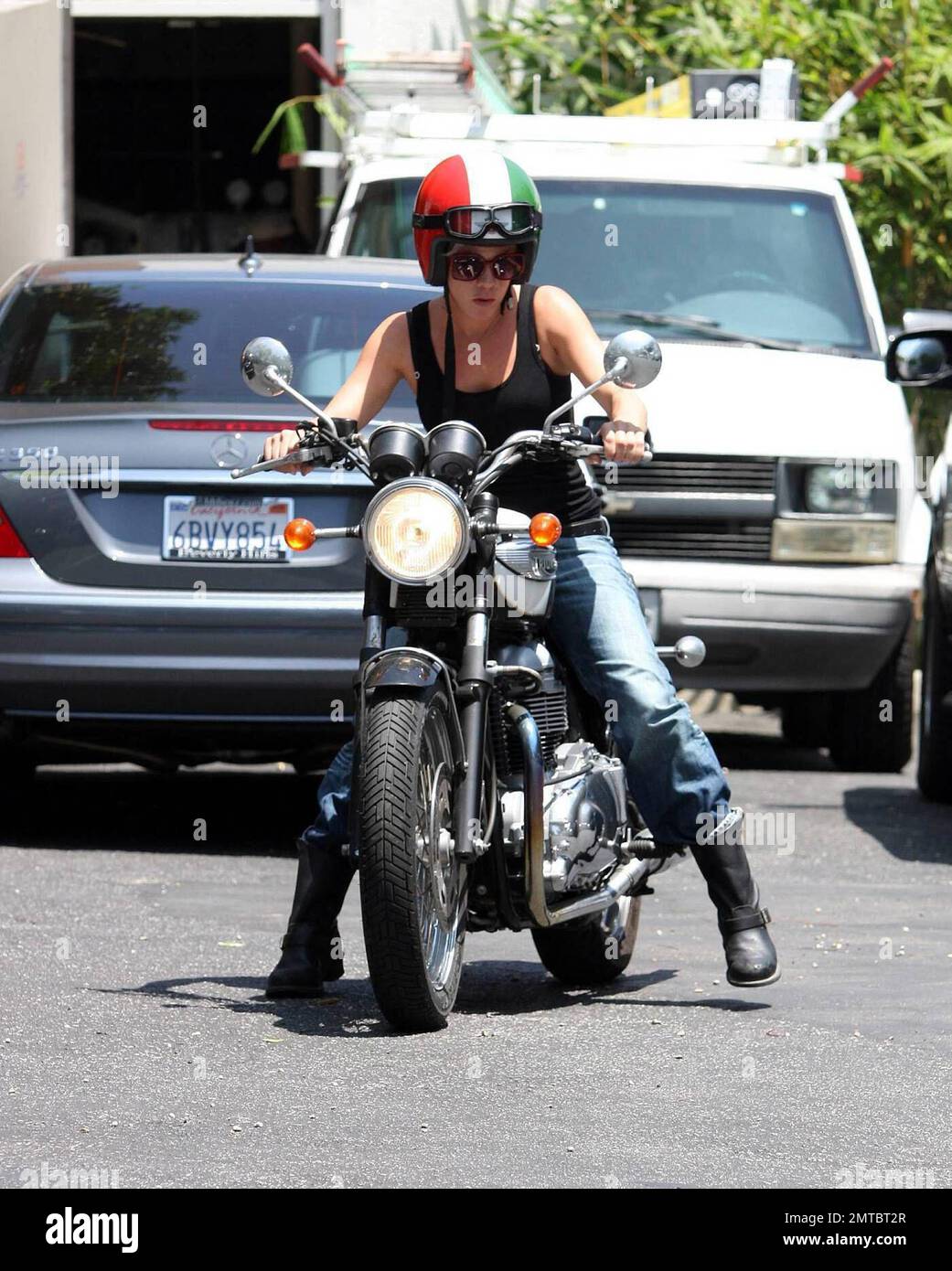 Pink was seen arriving on her Triumph motorcycle this afternoon at a ...