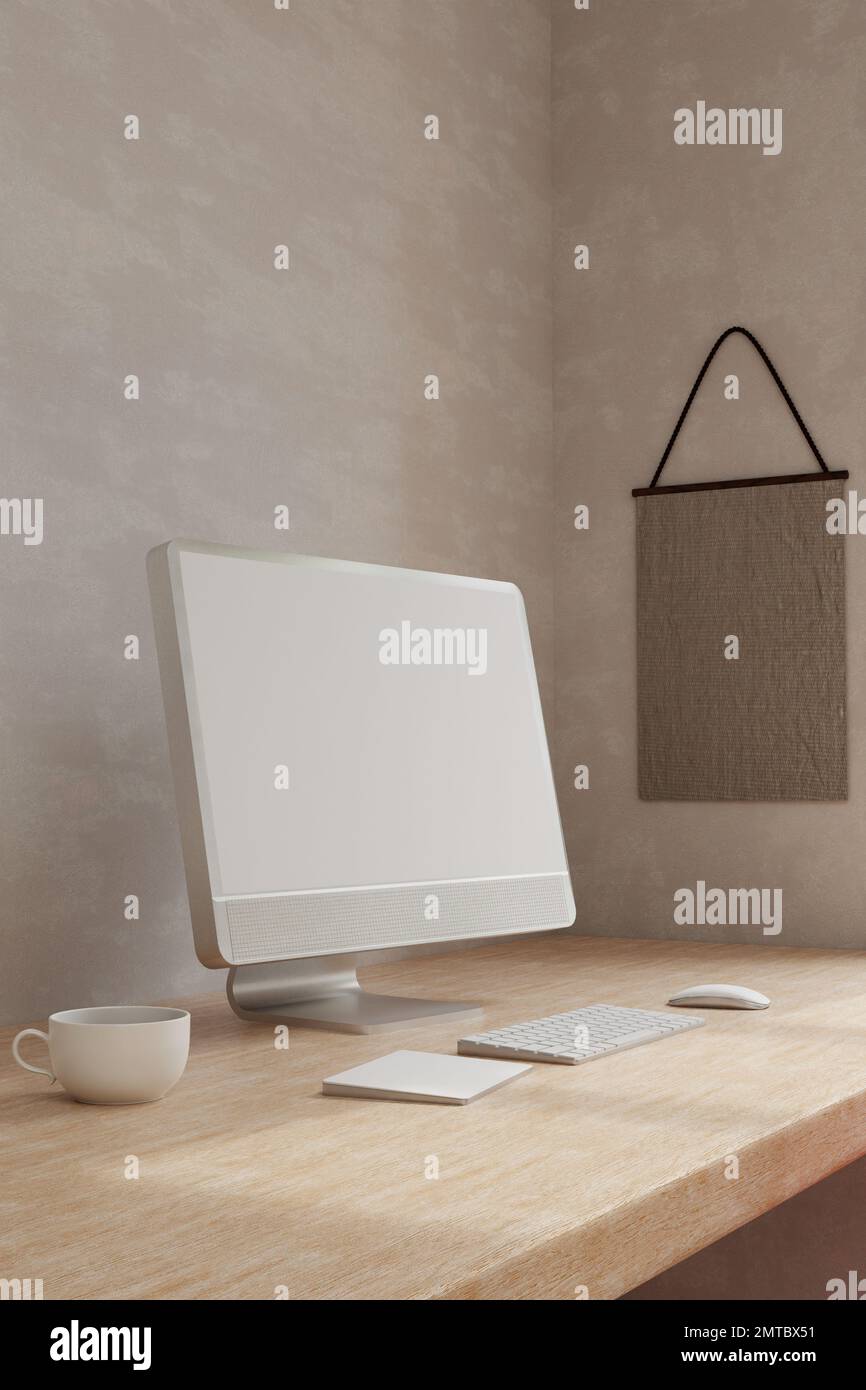 Minimal Scandinavian home working space interior design with blank PC desktop computer mockup and accessories on wooden table over the wall. 3d render Stock Photo