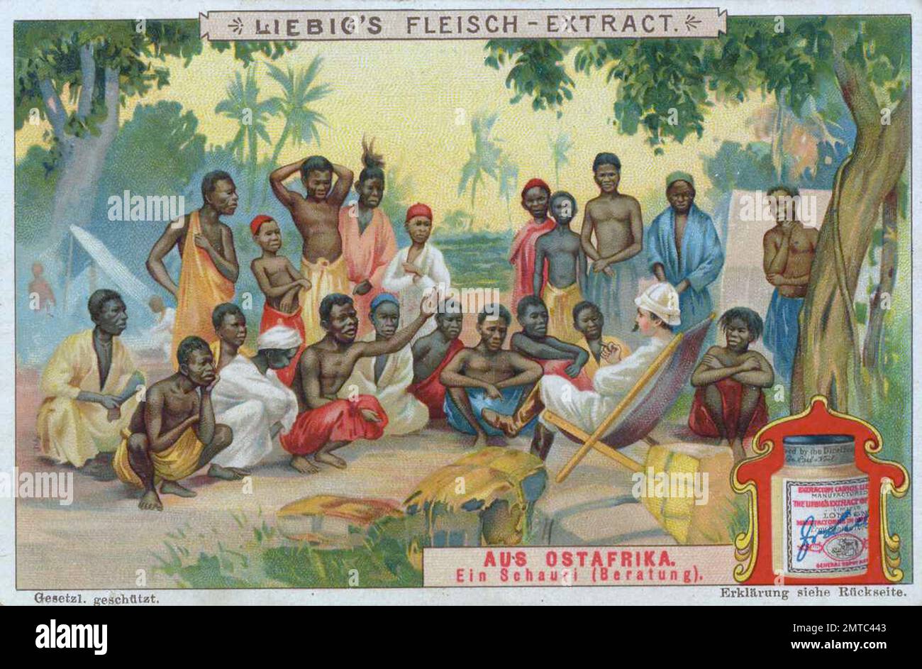 Bilderserie aus Ostafrika, ein Schauri, Beratung, digital restaurierte Reproduktion eines Sammelbildes von ca 1900, gemeinfrei, genaues Datum unbekannt  / Stock Photo
