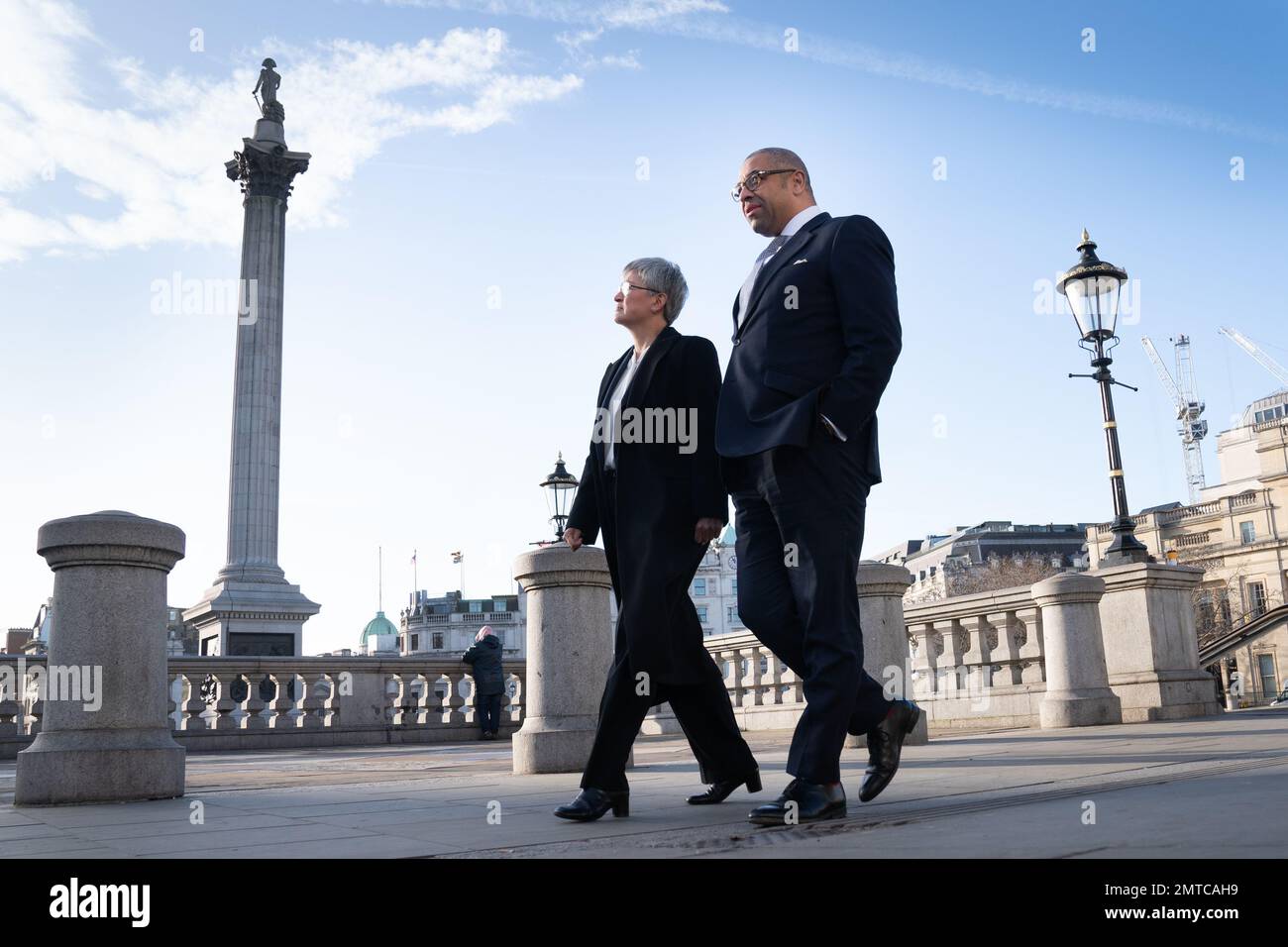 Foreign Secretary James Cleverly and Australian foreign minister Penny Wong walk through central London on their way to Australia House after holding a meeting at the Foreign Secretary's official residence at Carlton Gardens in London. Picture date: Wednesday February 1, 2023. Stock Photo