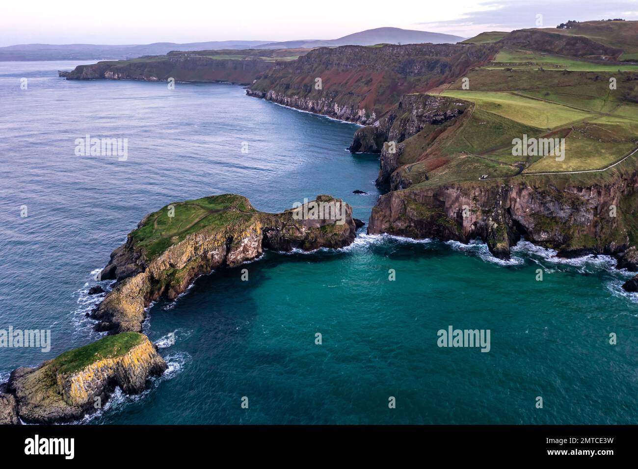 Aerial view of Ballintoy Harbour near Giants Causeway, County. Antrim, Northern Ireland, UK. Stock Photo