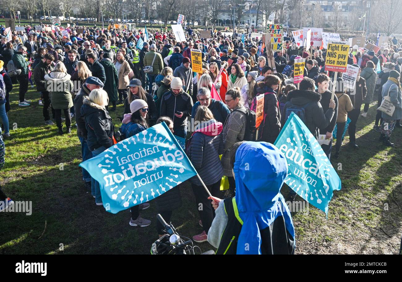 Brighton UK 1st February 2023 - Protesters from teaching unions gather at The Level in Brighton as an expected half a million workers demonstrate throughout Britain today against the government  : Credit Simon Dack / Alamy Live News Stock Photo