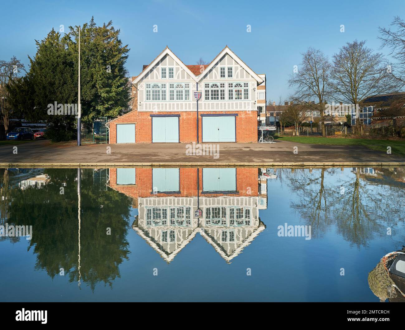 University of Cambridge, Pembroke college, boat club house at a bank of the river Cam, Cambridge, England, on a sunny winter day. Stock Photo