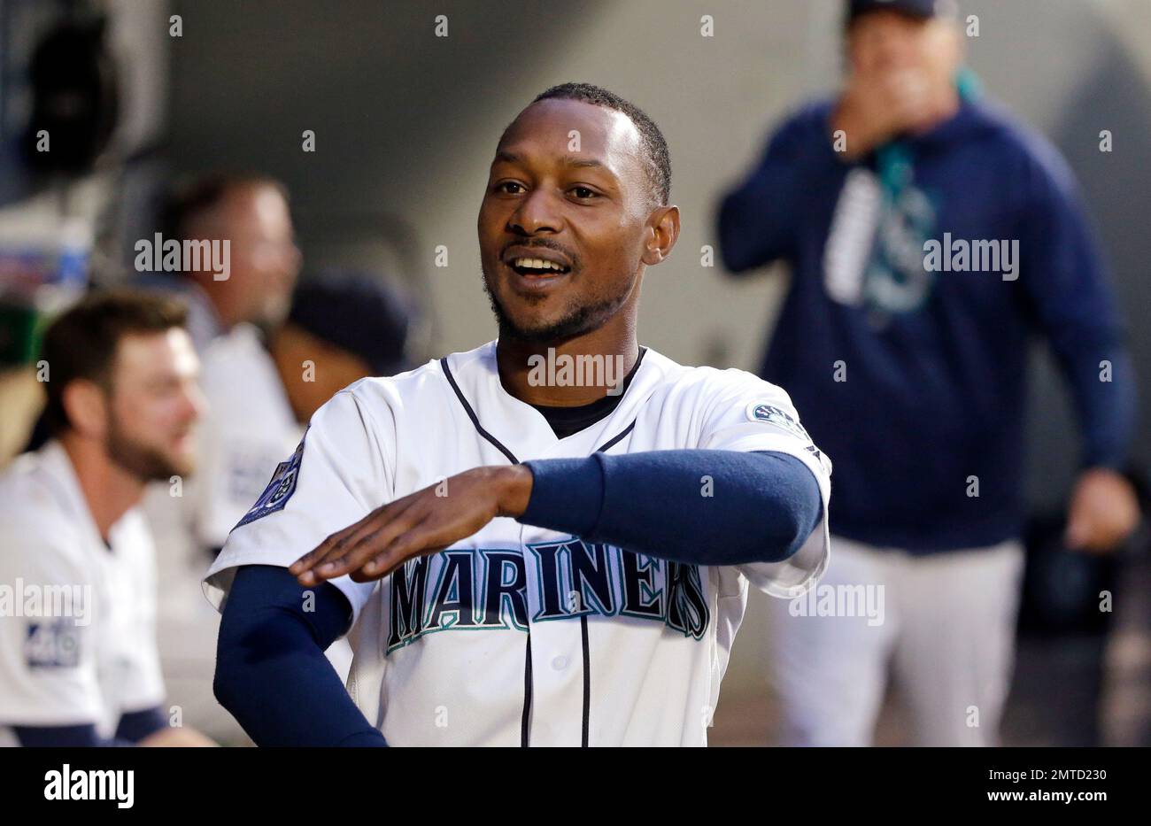 Seattle Mariners Jarrod Dyson celebrates after the team scored