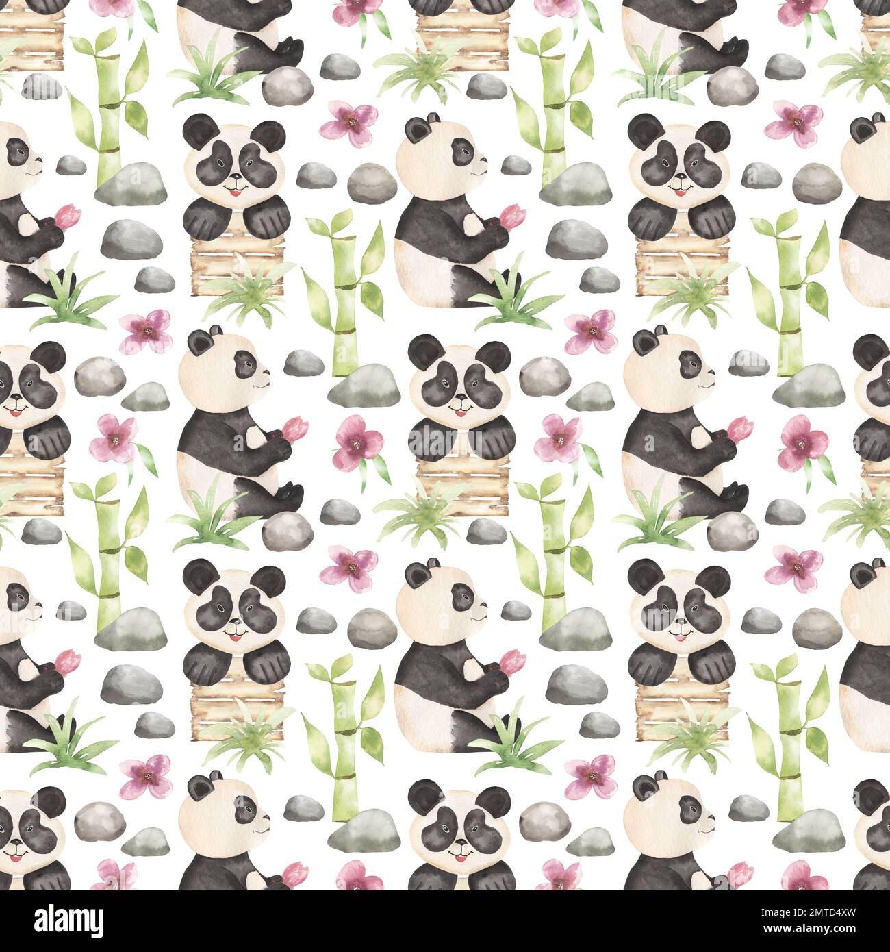 Watercolor cute panda with florals illustration isolated on white background. Seamless pattern of black and white panda animal, stone, green bamboo le Stock Photo