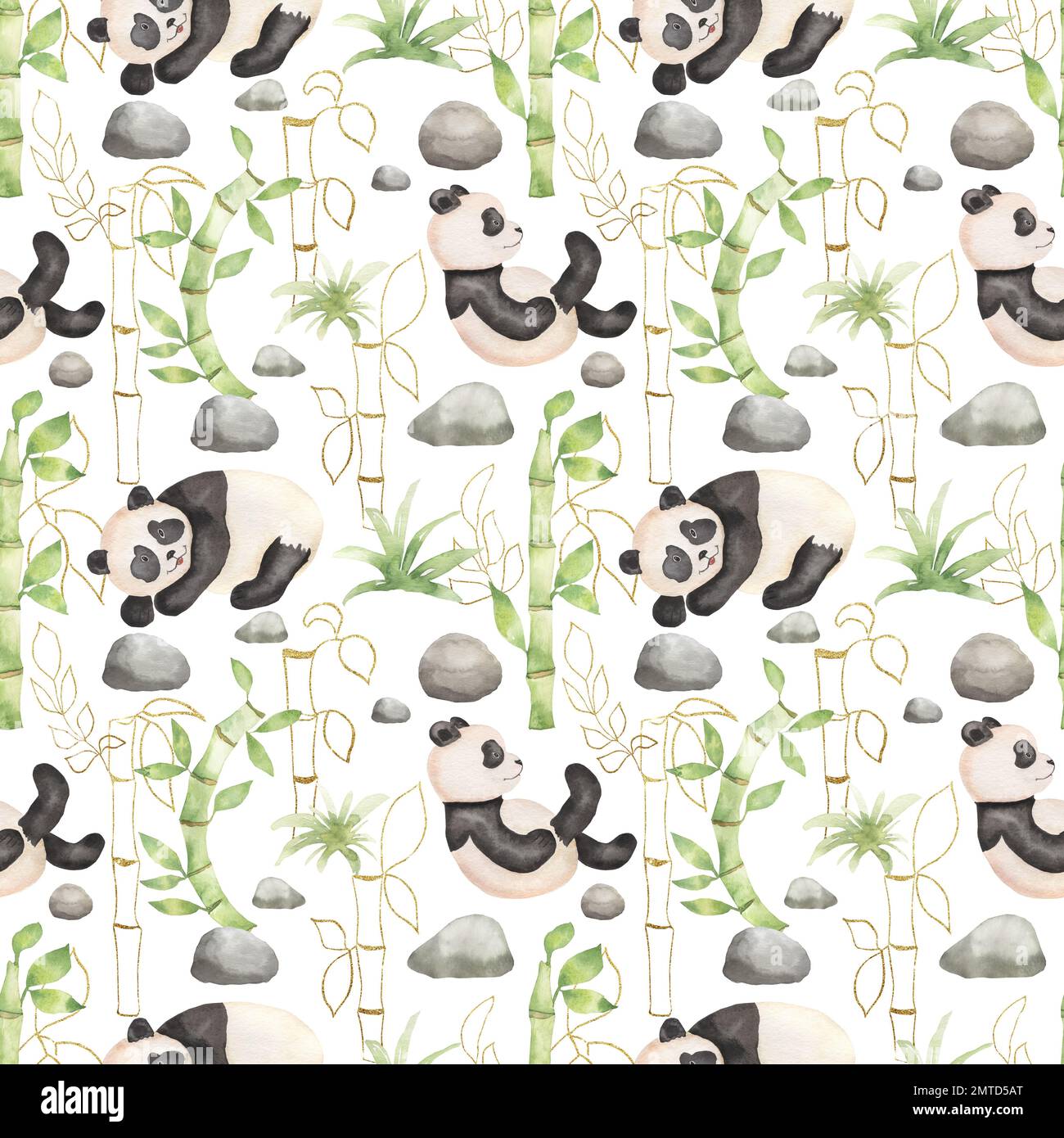 Watercolor cute panda with florals illustration isolated on white background. Seamless pattern of black and white panda animal, stone, green bamboo le Stock Photo
