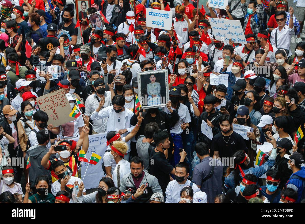 Bangkok, Thailand. 01st Feb, 2023. Myanmar Demonstrators Shout Slogans ...