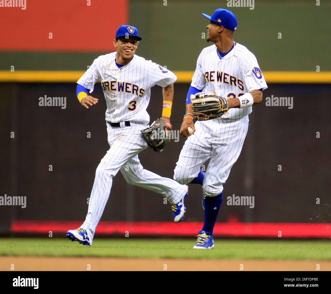 Milwaukee Brewers' Orlando Arcia smiles during the first inning of a  baseball game against the Washington Nationals Wednesday, May 8, 2019, in  Milwaukee. (AP Photo/Aaron Gash Stock Photo - Alamy