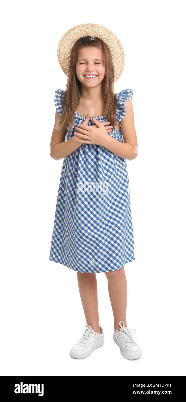 Full length portrait of happy preteen girl on white background Stock ...