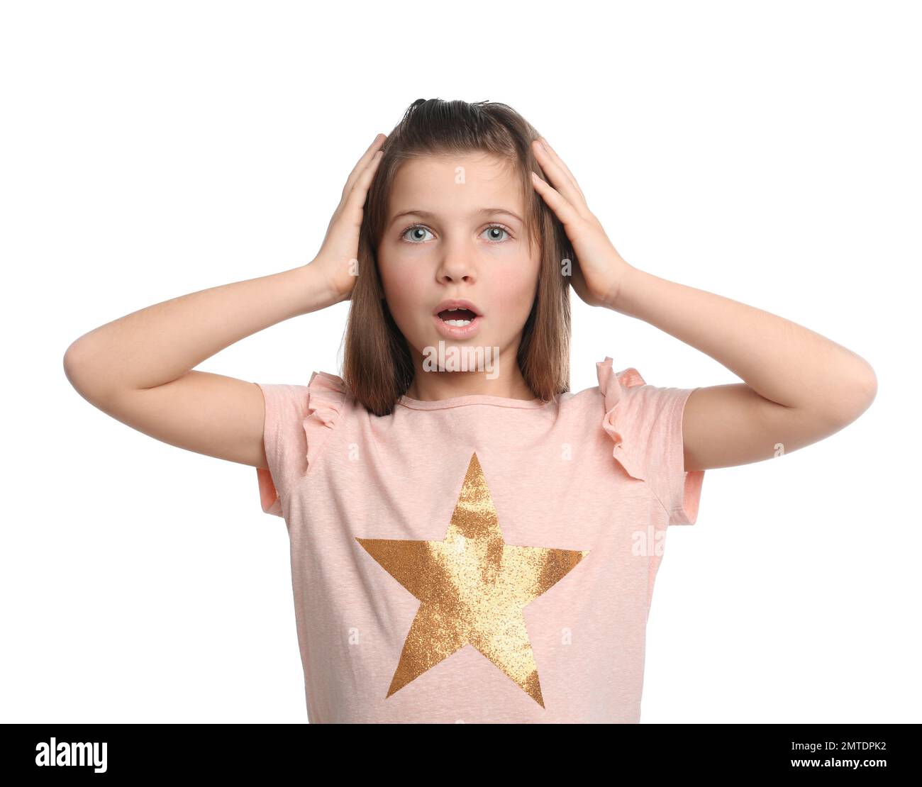Portrait of emotional preteen girl on white background Stock Photo - Alamy