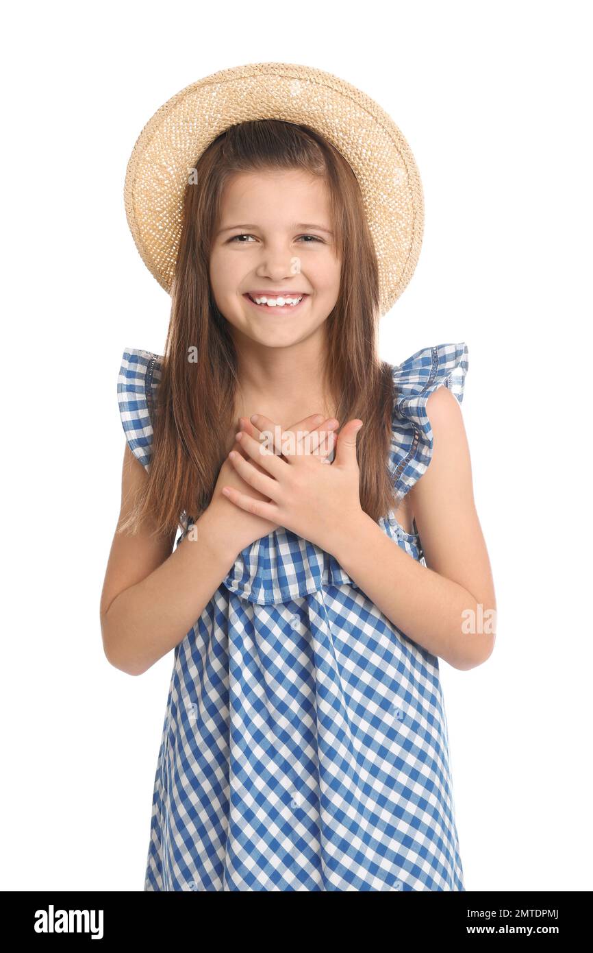 Portrait of preteen girl with hat on white background Stock Photo - Alamy