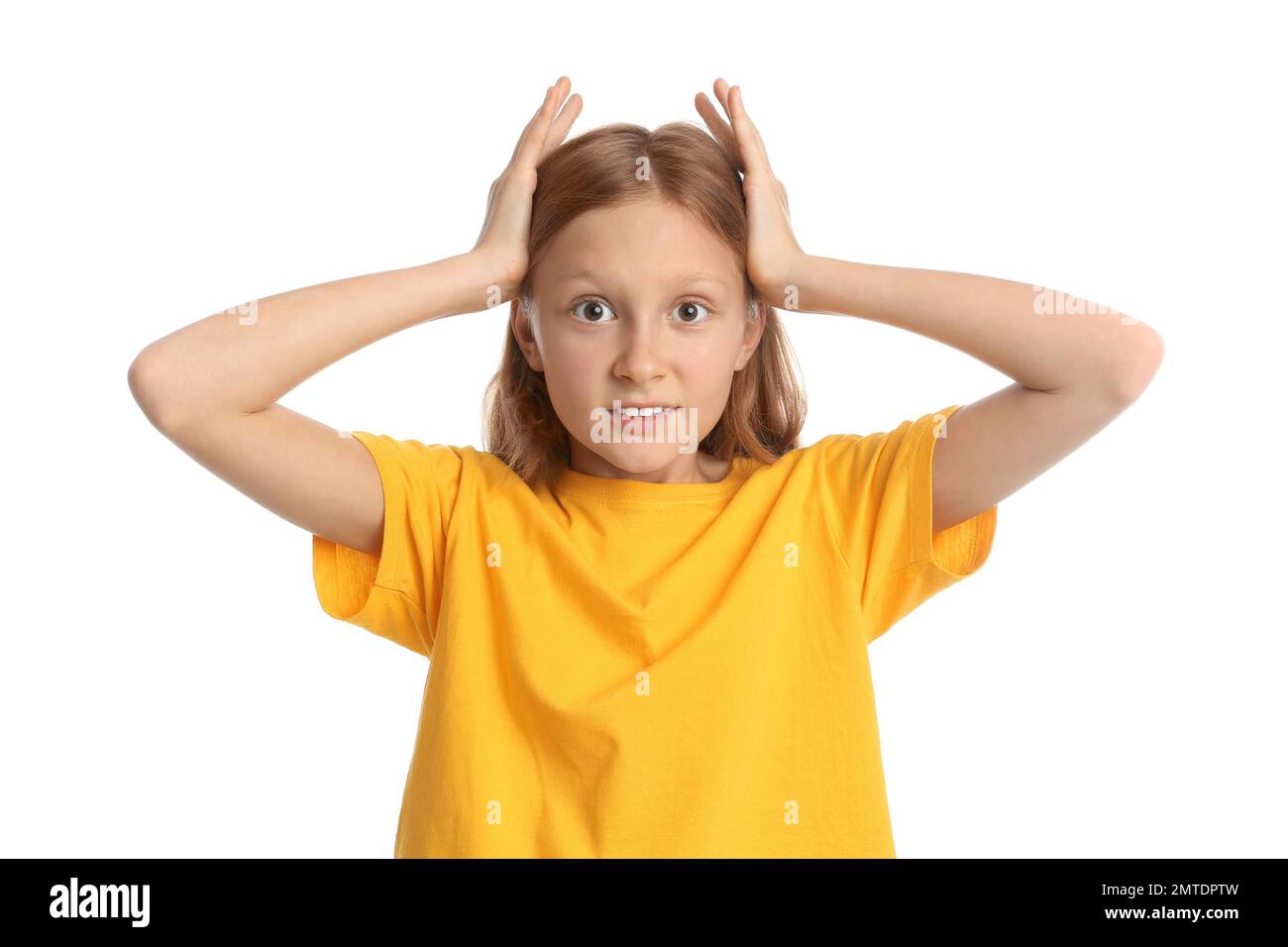 Portrait of emotional preteen girl on white background Stock Photo - Alamy