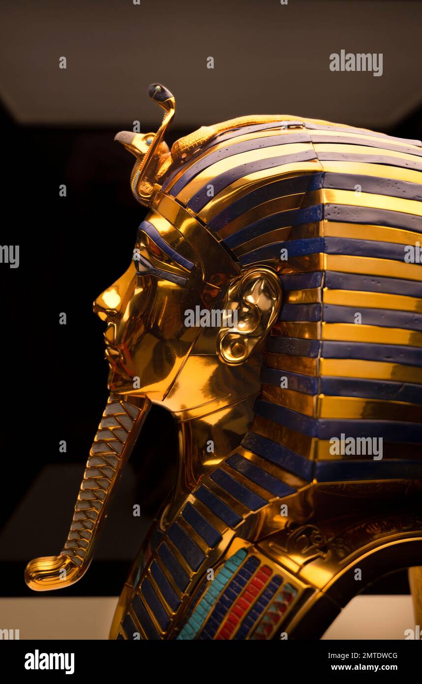 Lateral view of a Golden death replica mask of Tutankhamun - stock photography Stock Photo