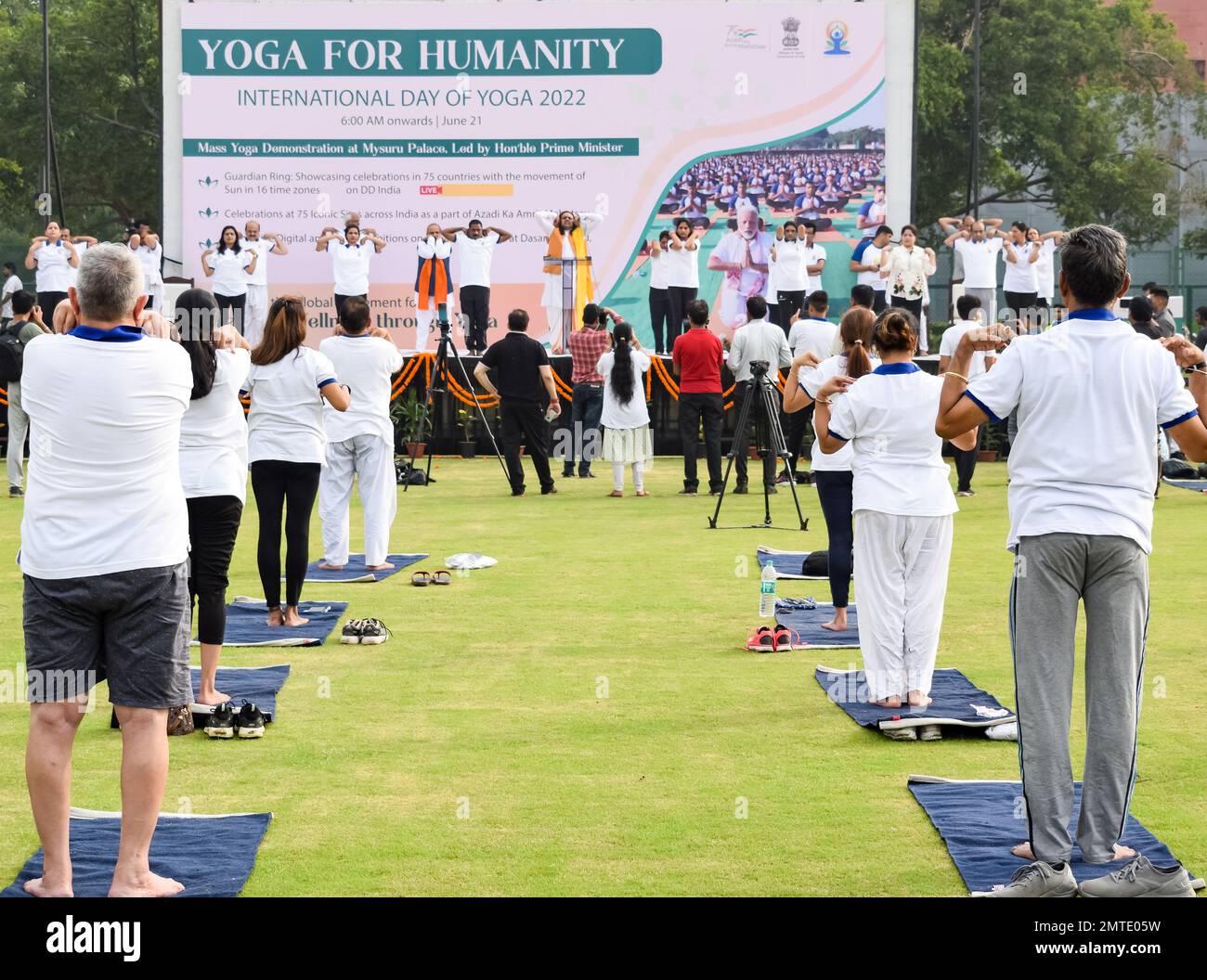 New Delhi, India, June 21 2022 Group Yoga exercise session for people