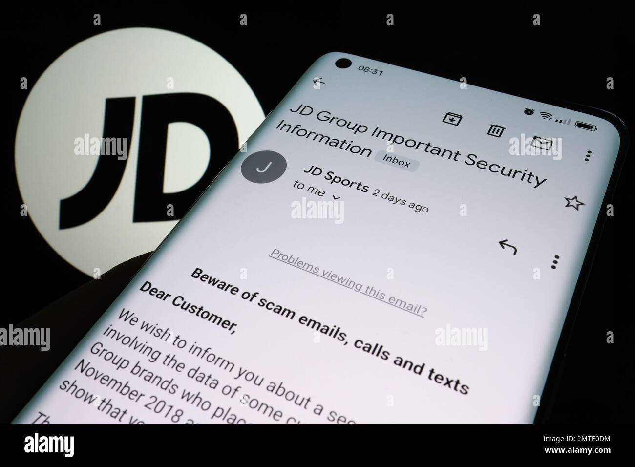 JD Sports email to the customer warning about company's data leak and cyber security issue. Authentic email. Stock Photo