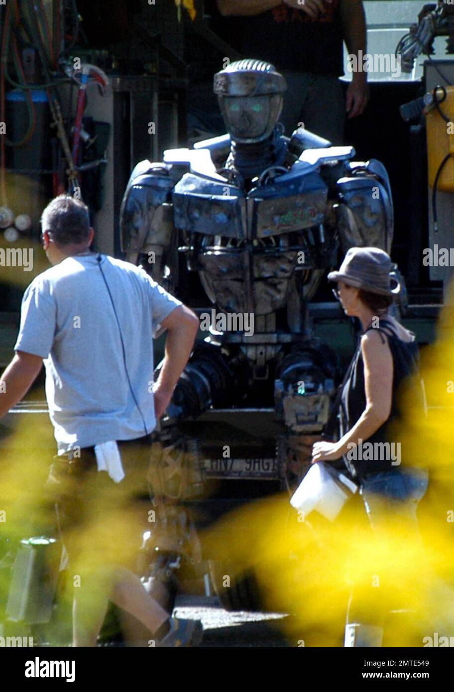 EXCLUSIVE!! Hugh Jackman discusses a scene on the set of his new film,  "Real Steel," which is due out in 2011. The film is a boxing drama in which  2,000-pound robots that