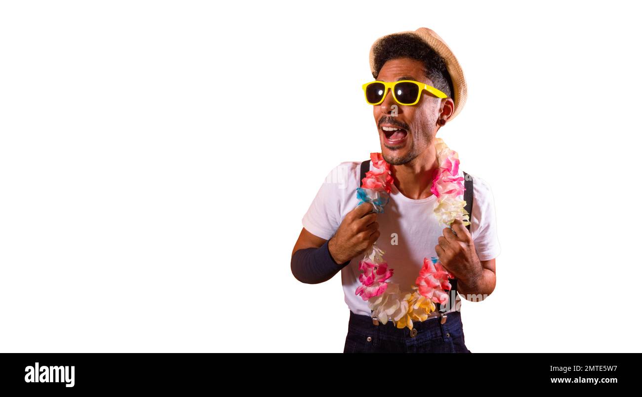 Carnival Brazilian Outfit. Black Man With Carnival Costume Having Fun,  Isolated on Orange Background Stock Photo