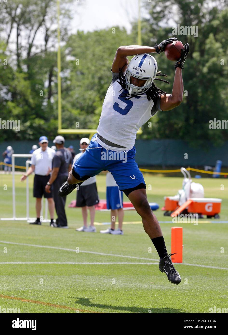 Indianapolis Colts receiver Chris Briggs 5 makes a catch during the NFL team s football minicamp in Anderson Ind. Wednesday June 14 2017. AP Photo Michael Conroy Stock Photo Alamy