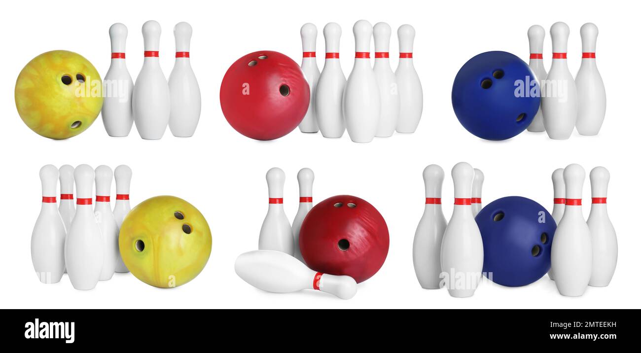 Set of bowling balls and pins on white background Stock Photo Alamy