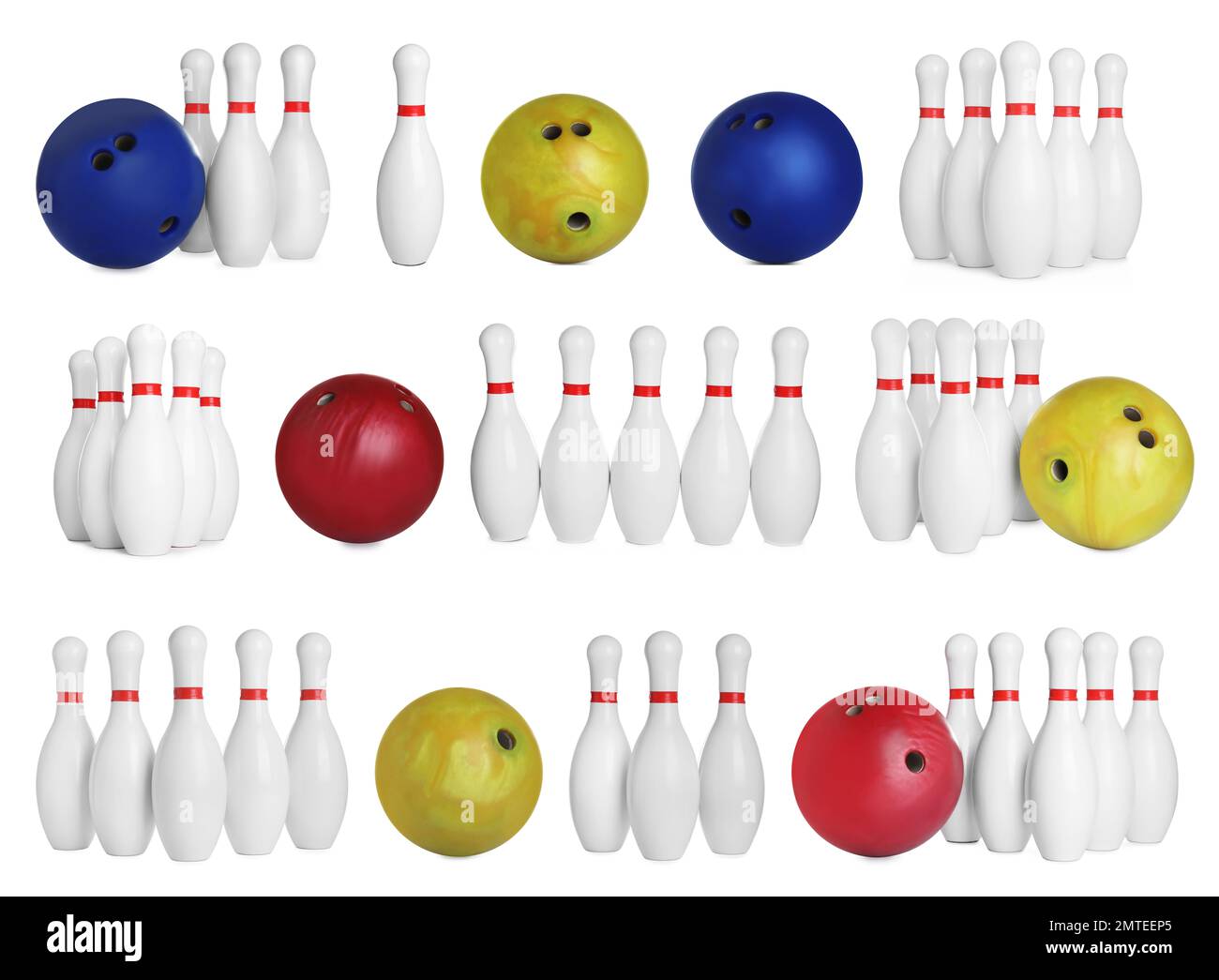 Set of bowling balls and pins on white background Stock Photo Alamy