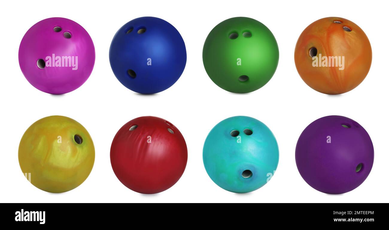 Set of bright bowling balls on white background Stock Photo