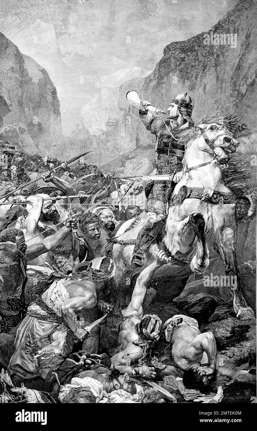 The Battle of Roncevaux Pas, Roncesvalle in 778 saw a large force of Basques ambush a part of Charlemagne's army in Roncevaux Pass, a high mountain pass in the Pyrenees on the present border between France and Spain. Here Roland, Hruodland, died 15 August 778, he was a Frankish military leader Stock Photo