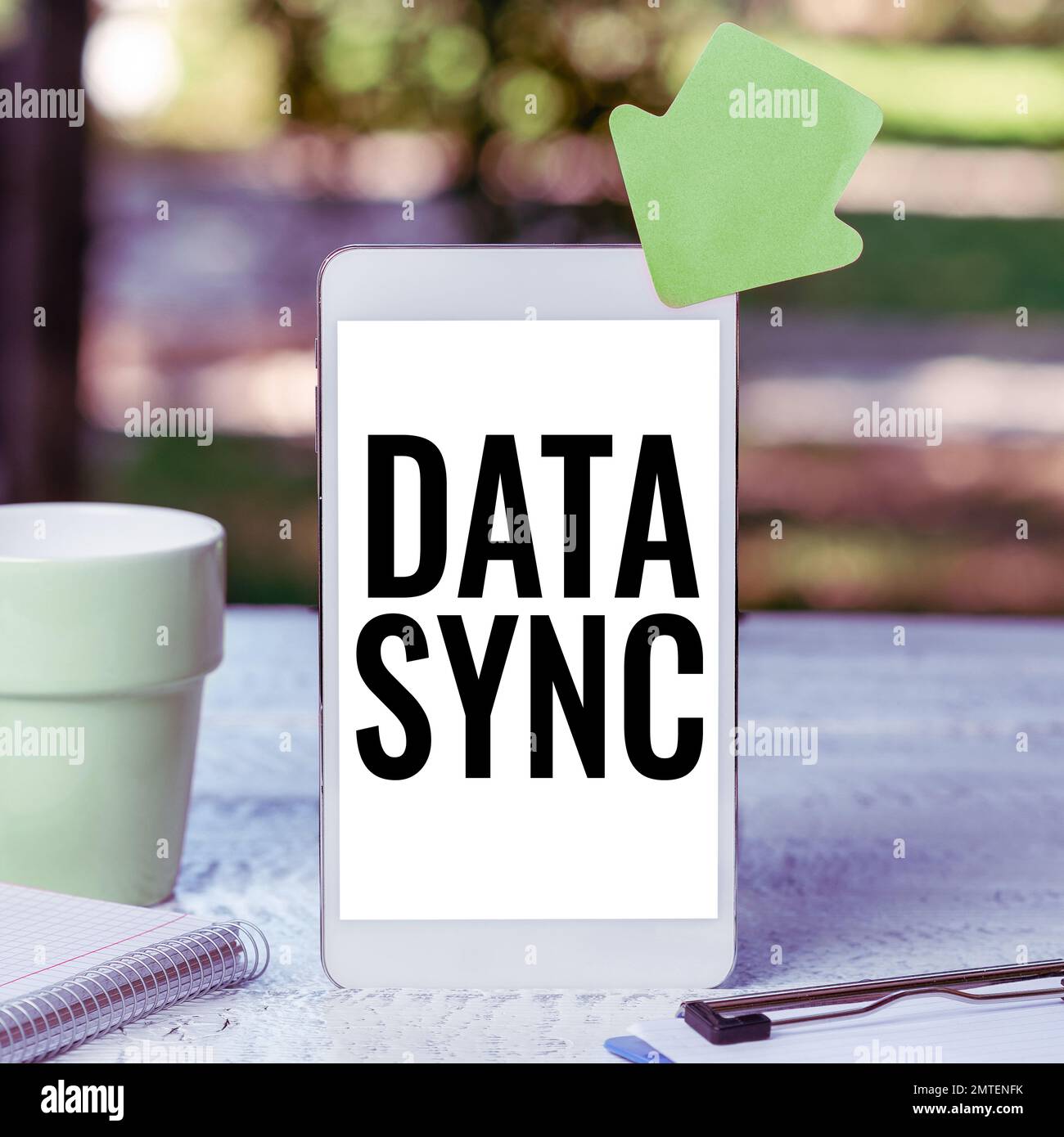 Conceptual caption Data Sync. Internet Concept data that is continuously generated by different sources Stock Photo