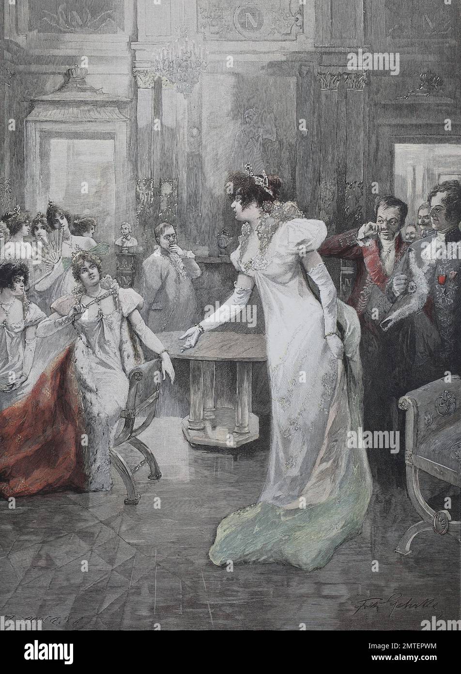 Scene from Madame Sans-Gene, an opera in three acts by Umberto Giordano, illustration published in 1880 Stock Photo