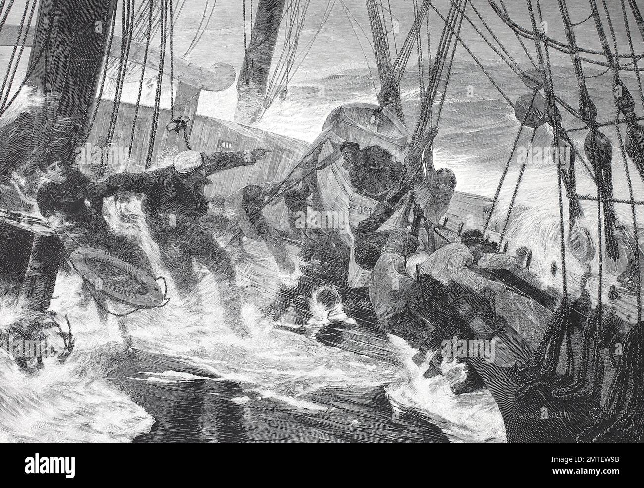 Shipwrecking is the event that caused the wreck, such as the striking of something that causes the ship to sink, illustration published in 1880 Stock Photo