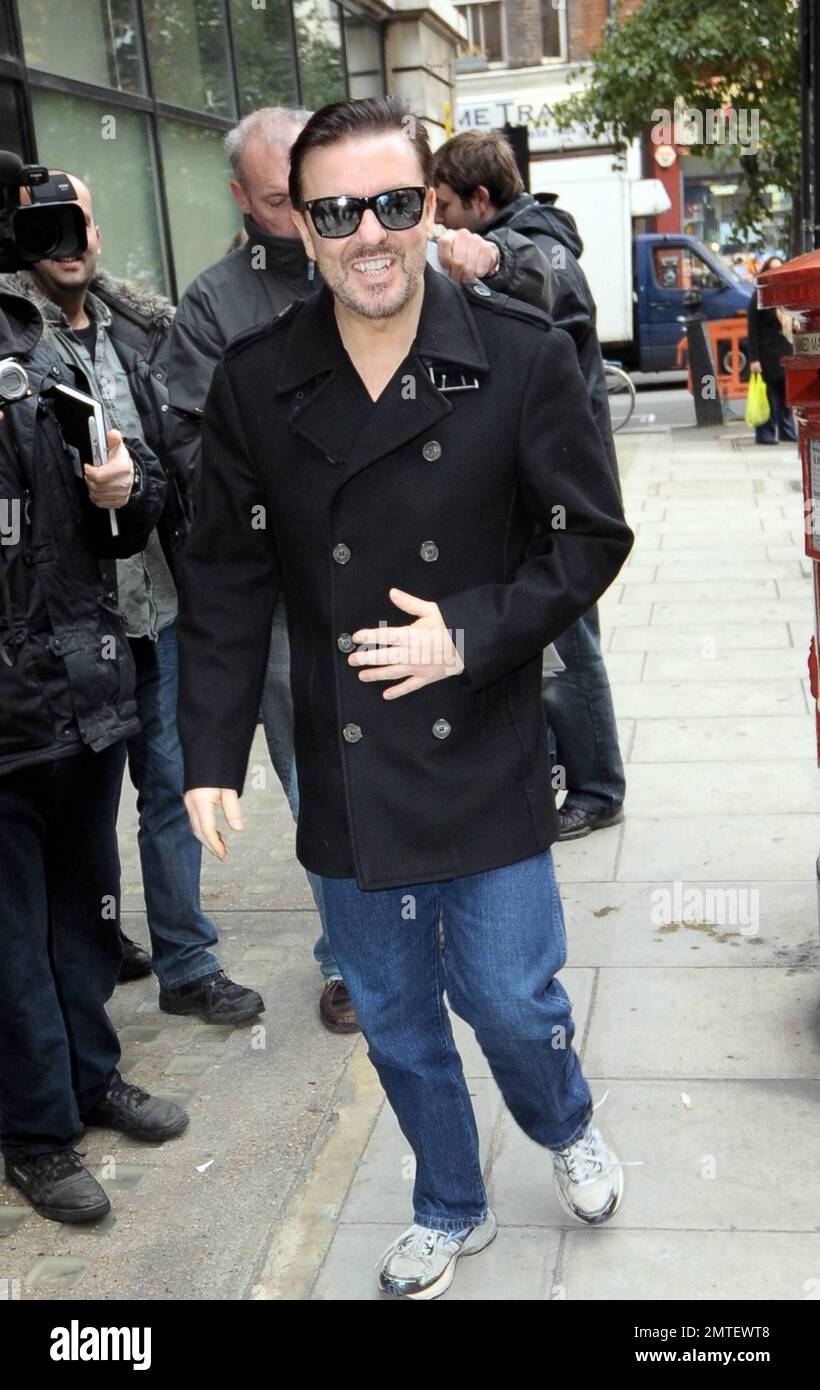 Comedian Ricky Gervais looks slim and trim as he arrives at BBC Radio 2 ...