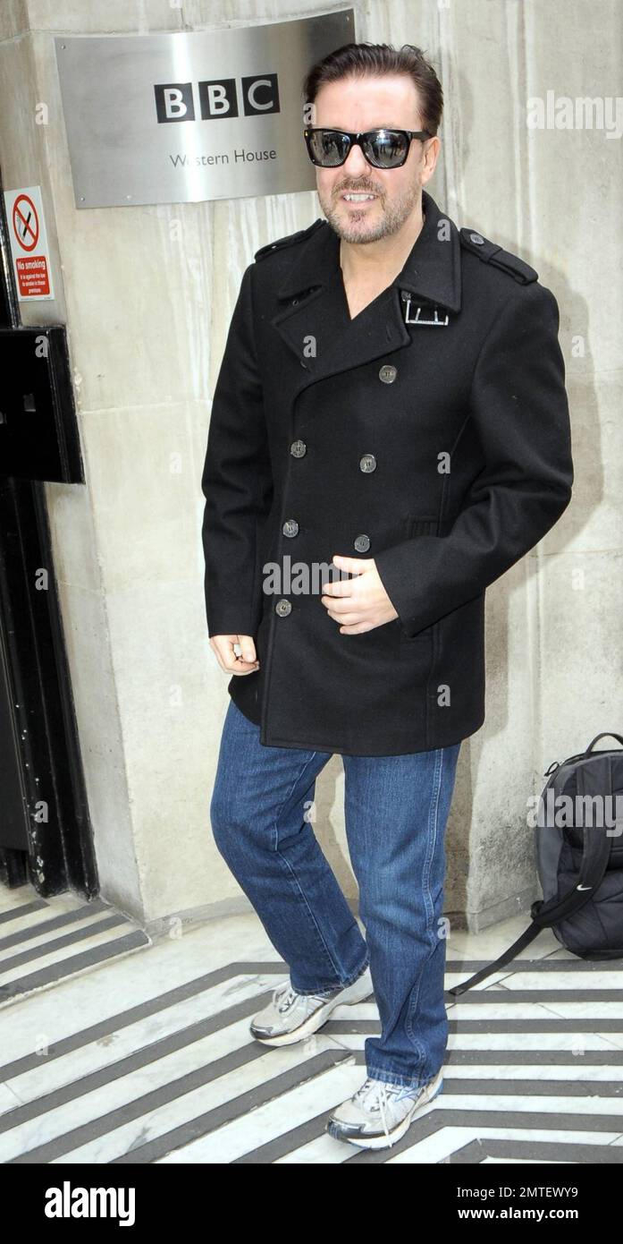 Comedian Ricky Gervais looks slim and trim as he arrives at BBC Radio 2 ...