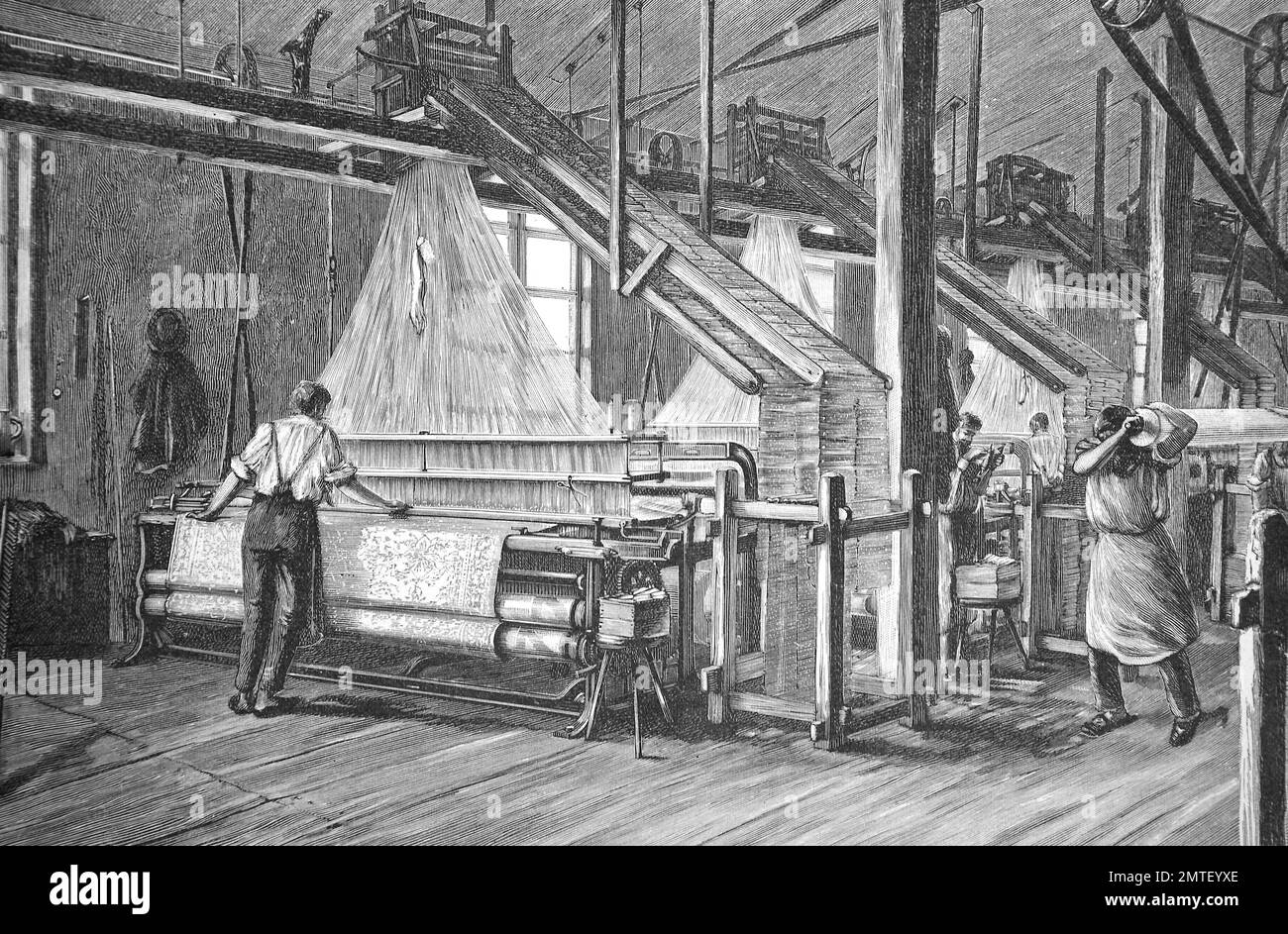 Jacquard loom in a weaving mill, 1880, historic illustration, woodcut