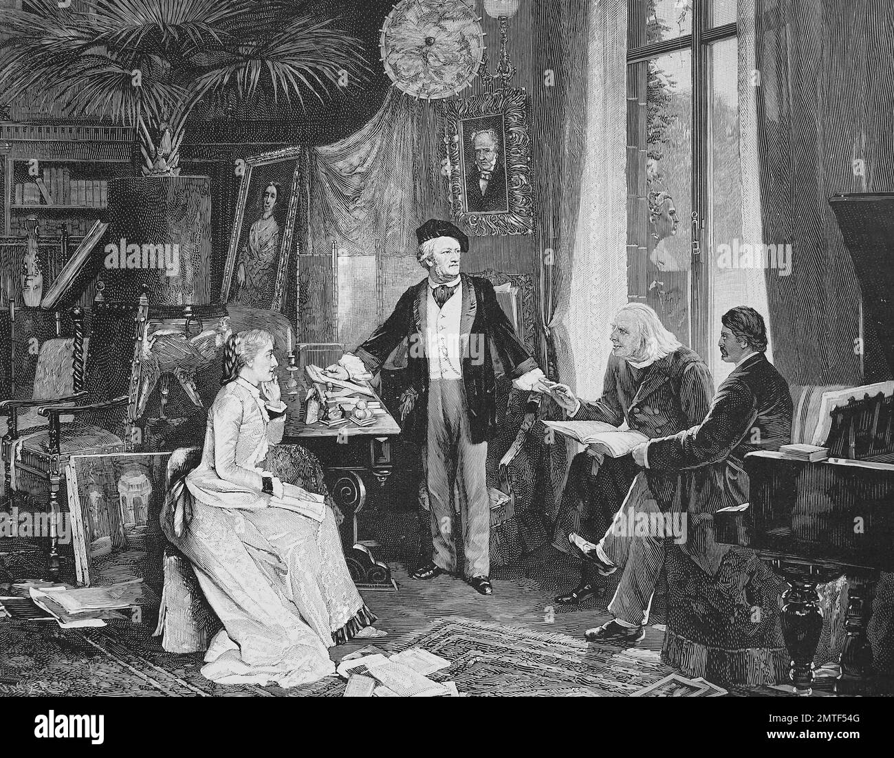 Richard Wagner and Cosima Wagner together with Liszt and Hans von Wolzogen in theit home, the Villa Wahnfried, Bayreuth, Bavaria, Germany Stock Photo