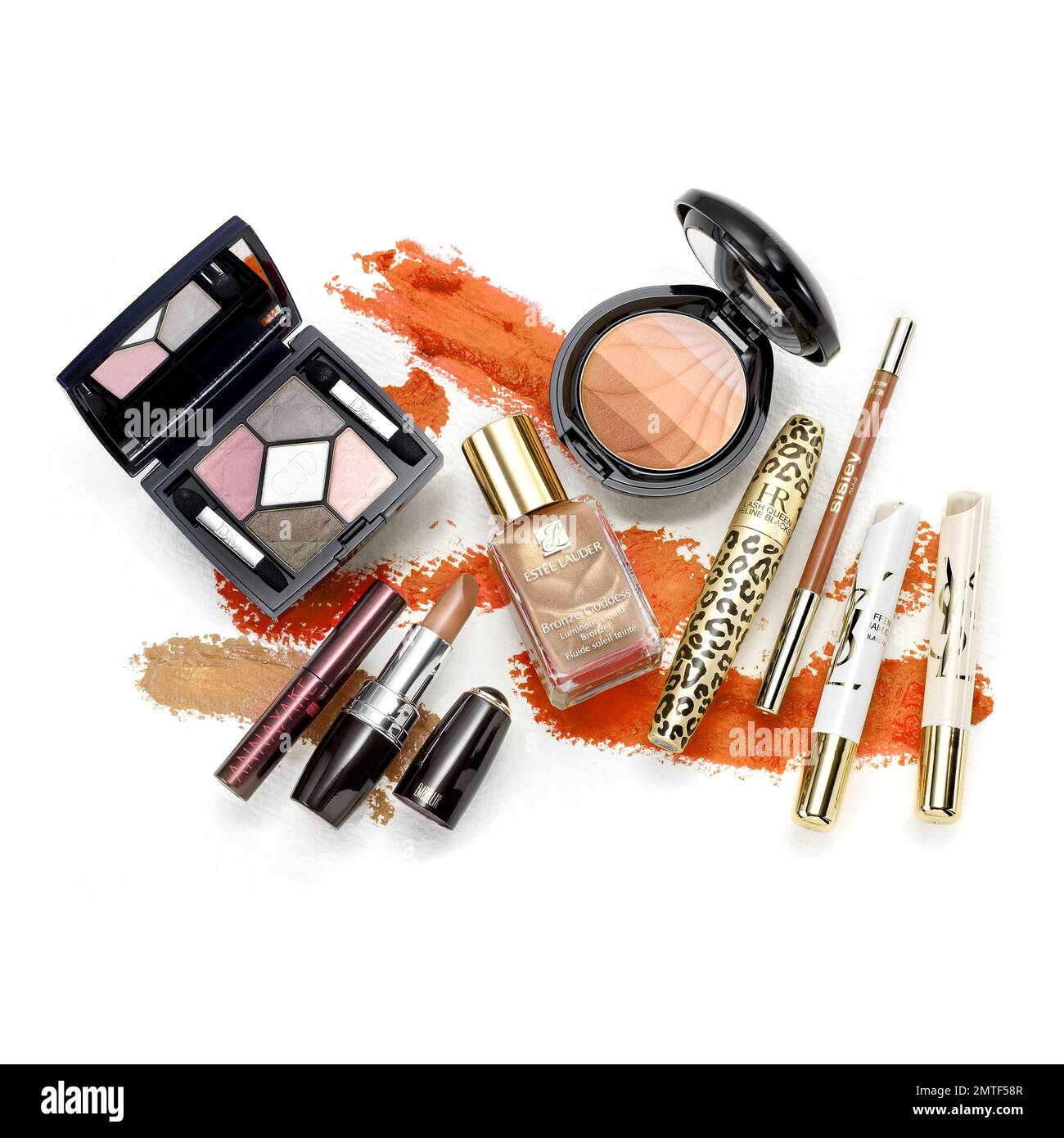 Barcelona- Spain- Circa August 2021. Illustrative set of known makeup brands in a luxury,set. Dior, Estee Lauder, HR, Anayake,YSL Stock Photo