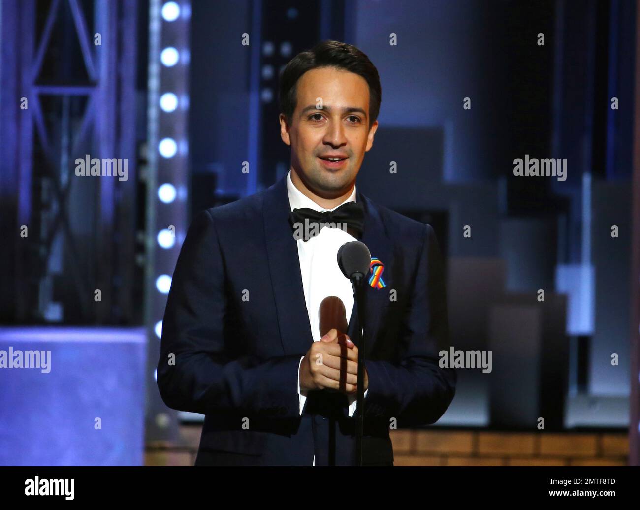Lin Manuel Miranda presents the award for best musical at the 71st annual Tony Awards on Sunday June 11 2017 in New York. Photo by Michael Zorn Invision AP Stock Photo Alamy