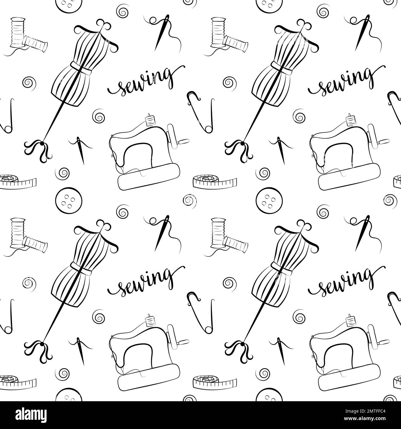 Sewing seamless pattern. Vector black and white background. Needlework illustrated elements. Various sewing tools outline. Embroidery and tailoring eq Stock Vector