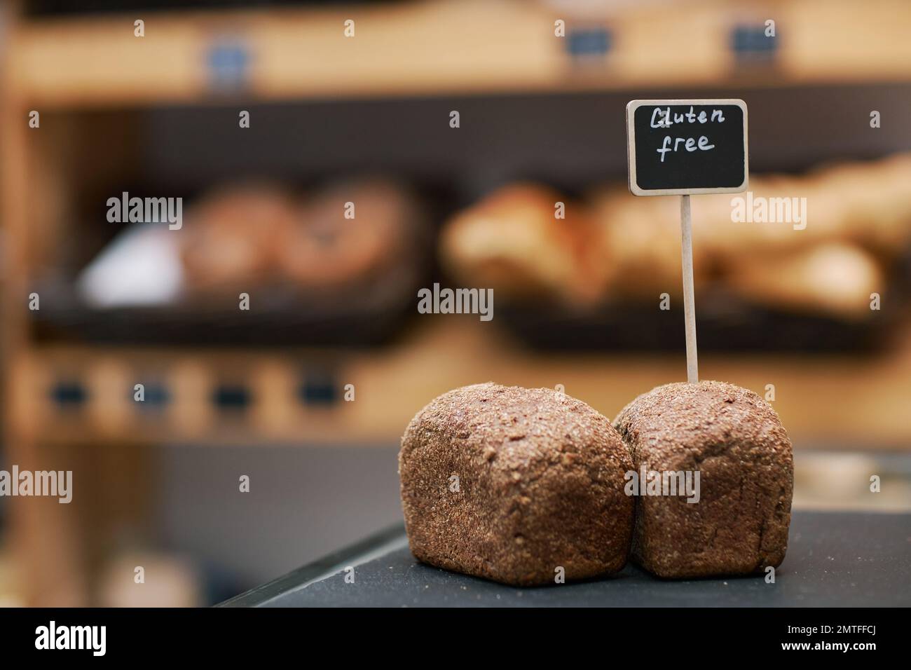 Loafs of gluten free bread in supermarket Stock Photo
