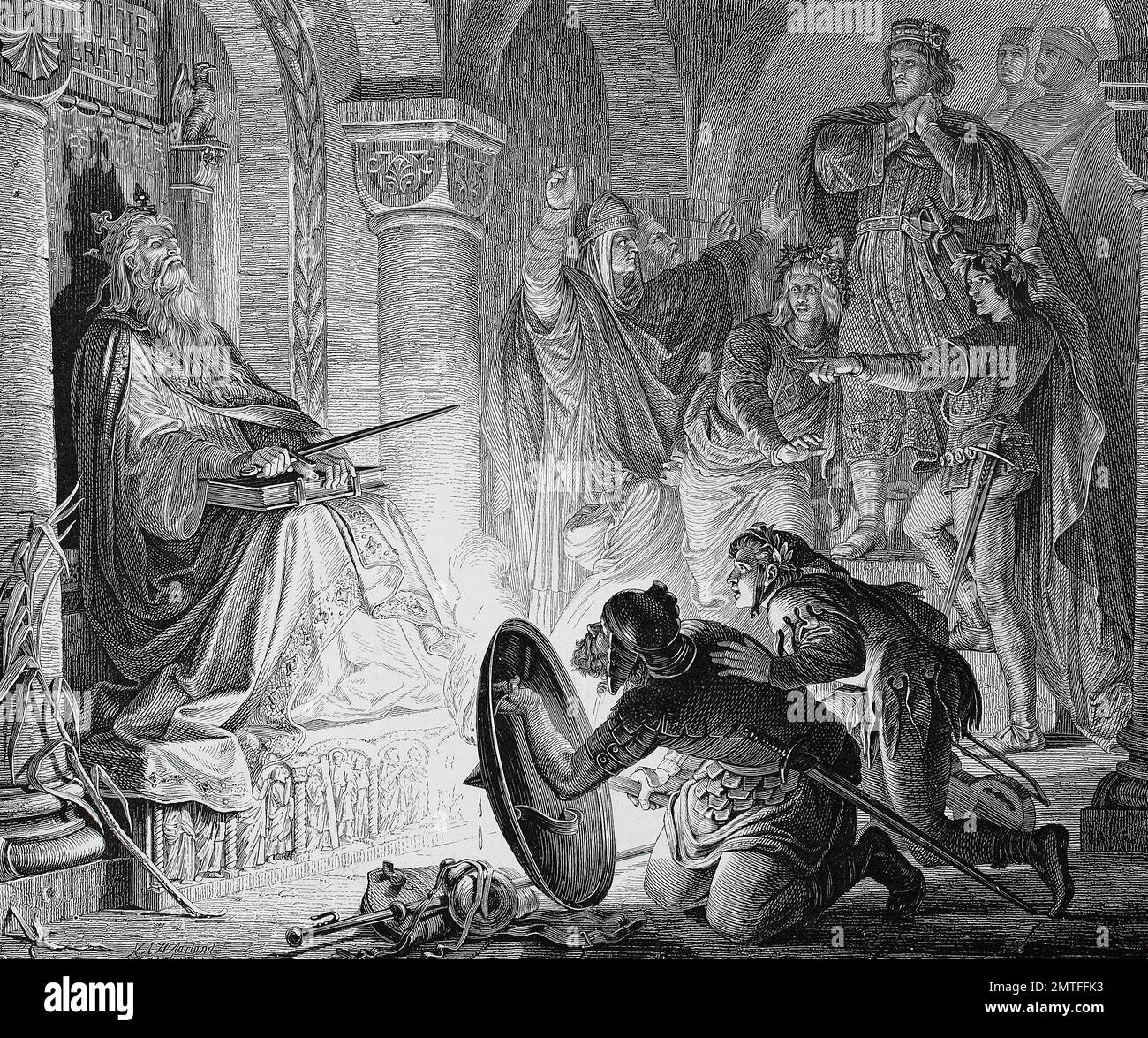 Otto III, 980 - 23 January 1002, was Holy Roman Emperor from 996 until his early death in 1002, here in the grave of Charlemagne, 2 April 742/747/748 - 28 January 814, also known as Charles the Great, historical illustration Stock Photo
