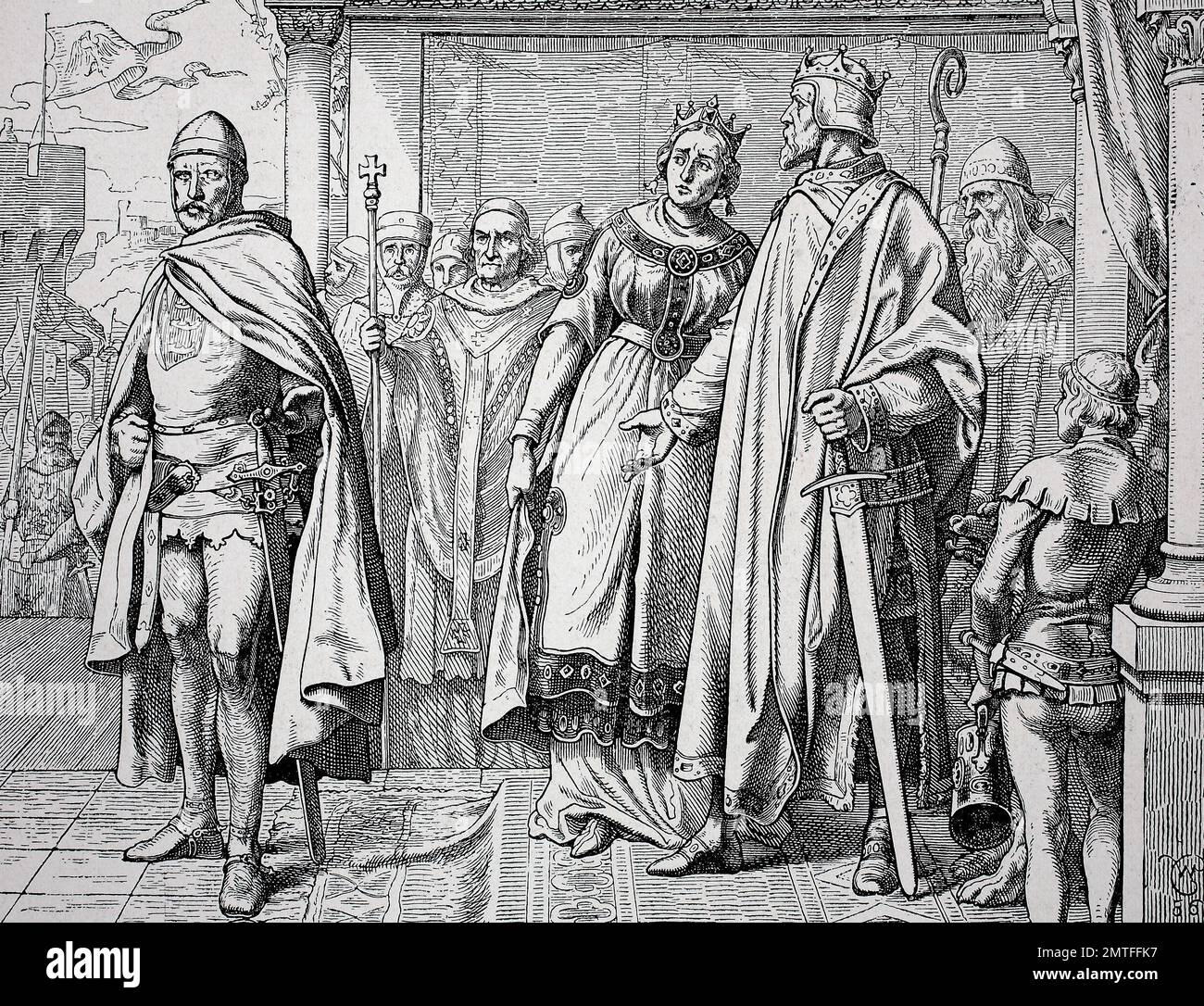 Ernest II, died 17 August 1030, Duke of Swabia and Conrad II, 990 - 4 June 1039, also known as Conrad the Elder and Conrad the Salic, was Emperor of the Holy Roman Empire, at Ingelheim, Germany, historical illustration Stock Photo