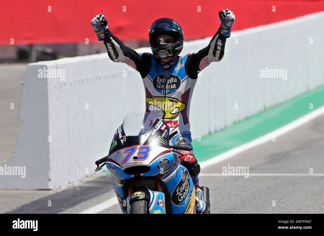 Moto 2 rider Alex Marquez of Spain celebrates after winning the Catalunya  Motorcycle Grand Prix at