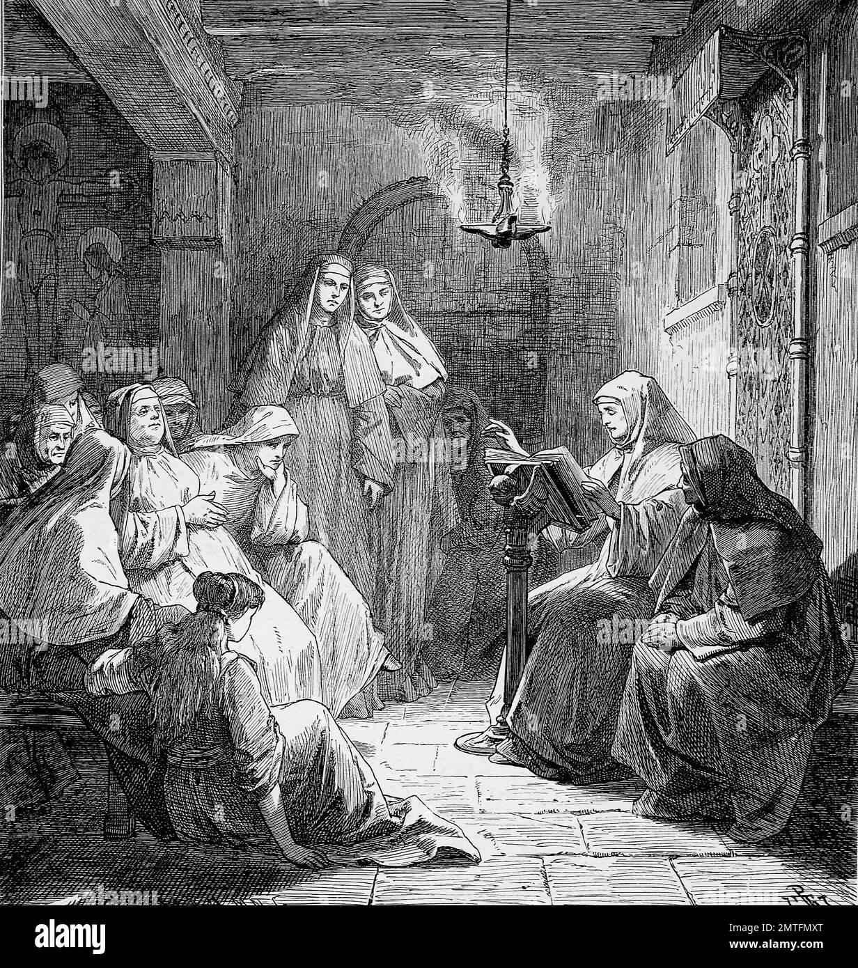 Hrotsvitha of Gandersheim, 935 - 1002, was a 10th-century German secular canoness, dramatist and poet who lived at Gandersheim Abbey in modern-day Bad Gandersheim, Germany, here she reads her legends, historical illustration Stock Photo