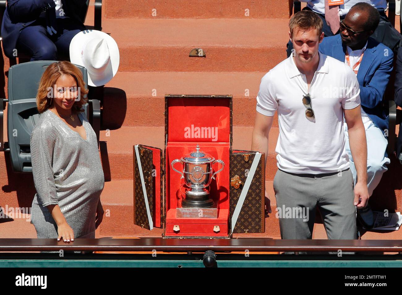 Estelle Mossely and Alexander Skarsgard at the Latvia's Jelena Ostapenko  when she won against Romania's Simona Halep in the women final of the 2017  French Tennis Open in Roland-Garros Stadium, Paris, France