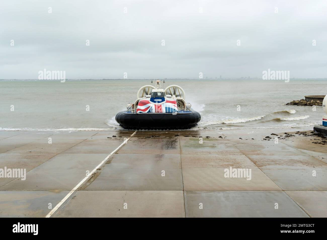 Island Flyer hover craft engaging docking ramp at Ryde Isle of Wight