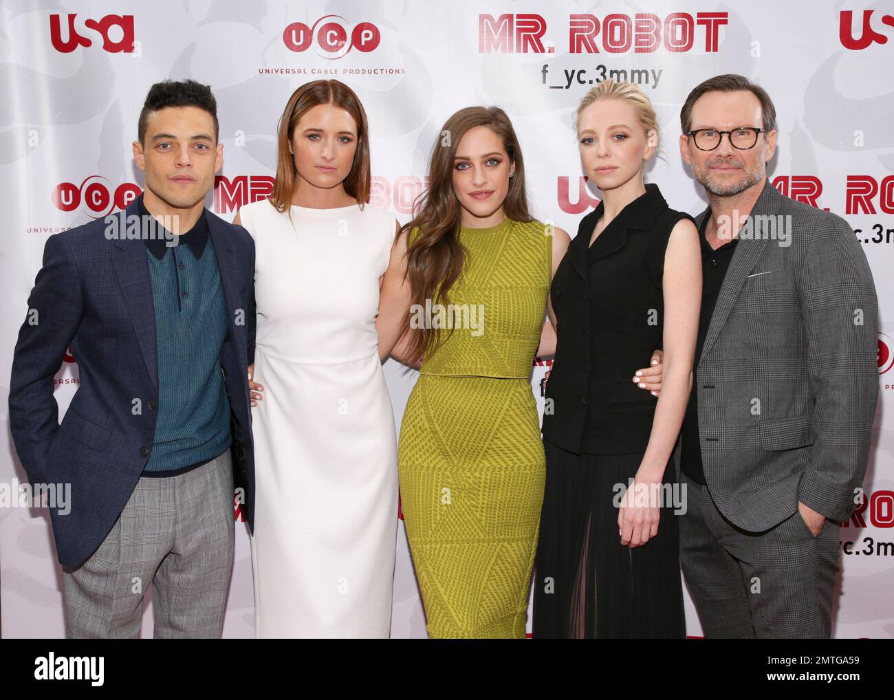 L-R: Actors Grace Gummer, Rami Malek and Carly Chaiken attend the sesaon  four premiere of USA's Mr. Robot at Village East Cinema in New York, NY on  October 1, 2019. (Photo by