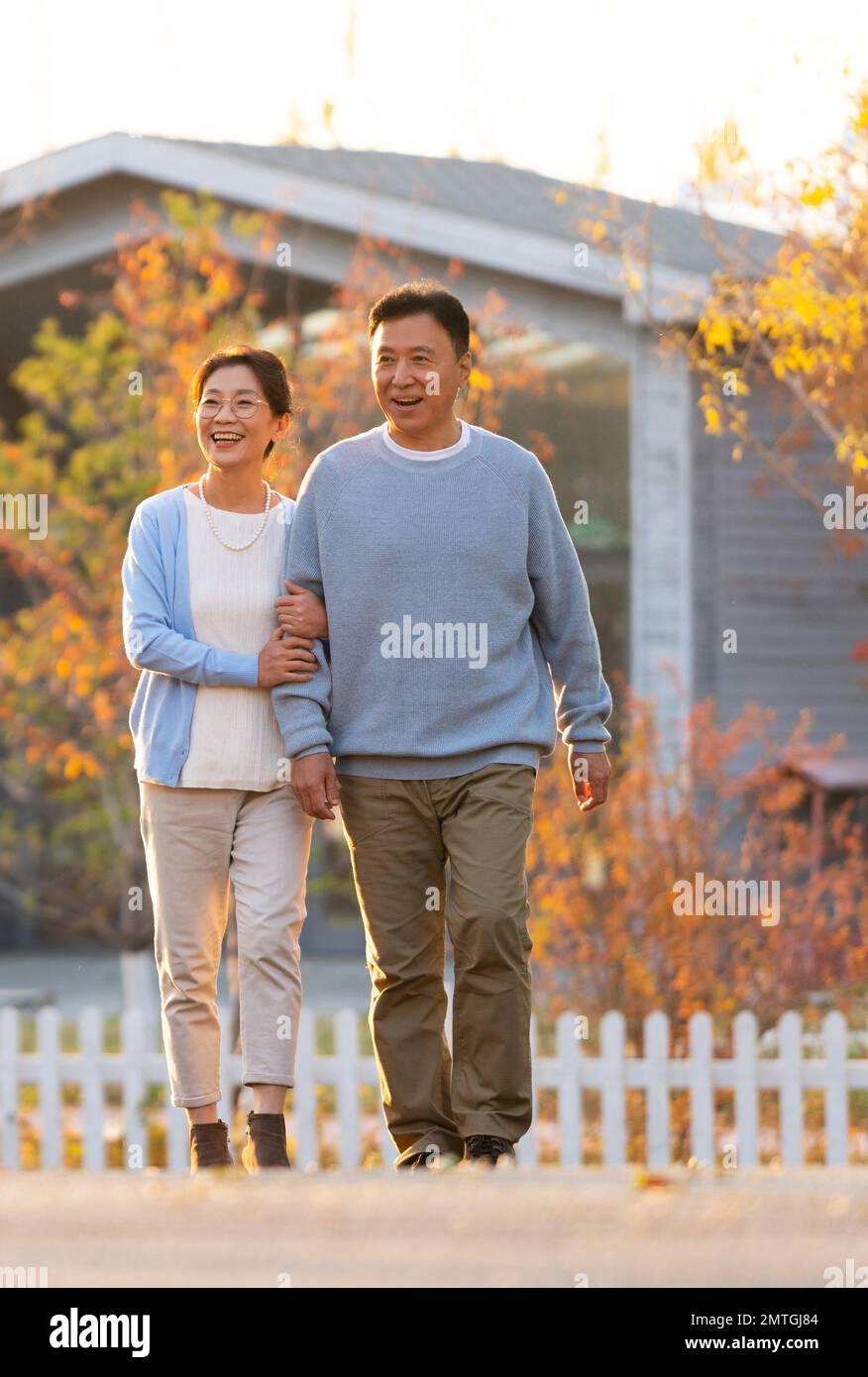 Elderly couple held hands for a walk in the sunset Stock Photo - Alamy