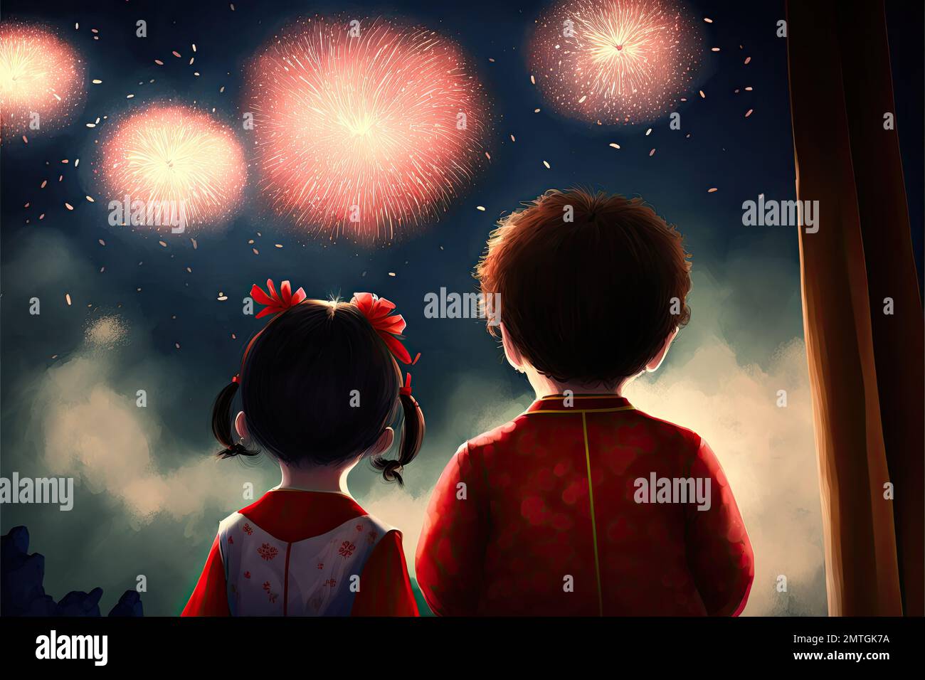 ai generated image back view of child enjoy watching firework during festive celebration . Stock Photo