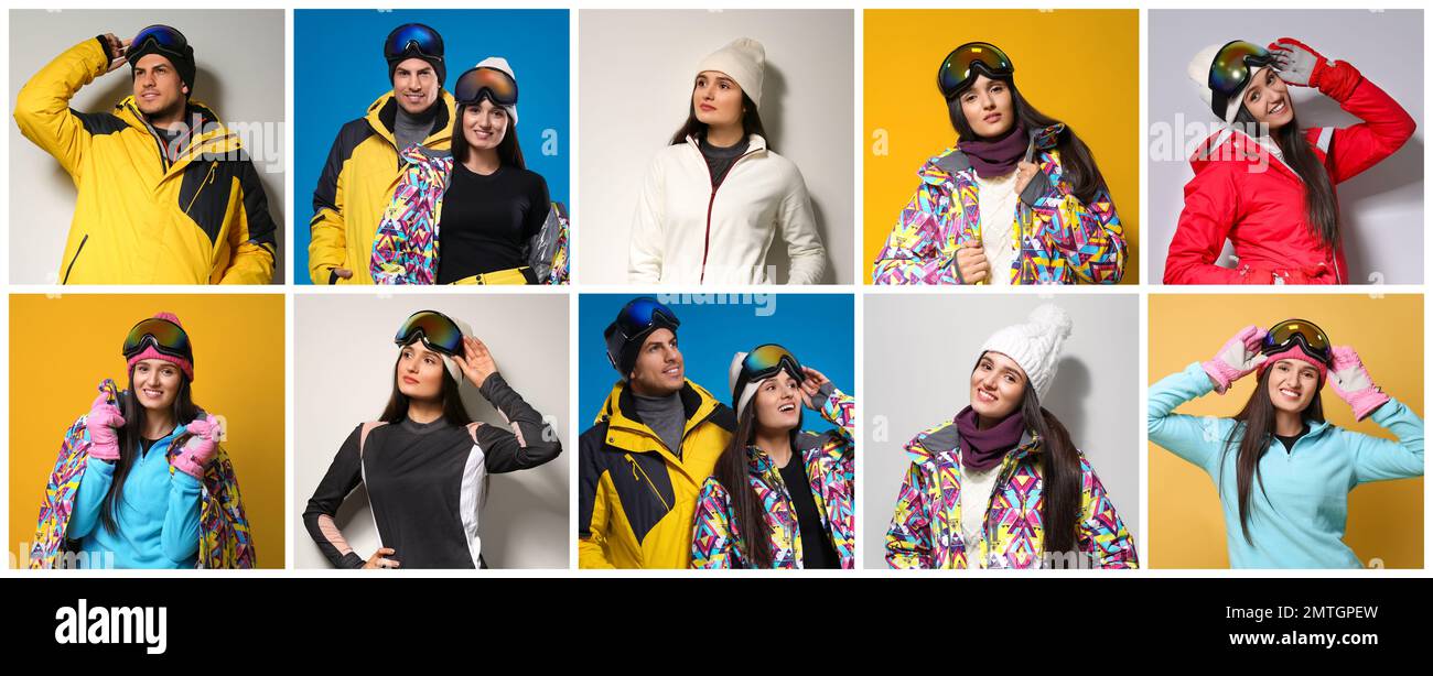 Collage of people wearing winter sports clothes on color backgrounds