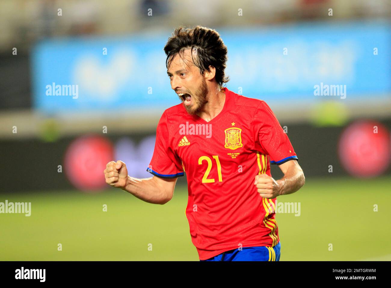 Spain's David Silva celebrates after scoring against Colombia during the  international friendly soccer match between Spain and Colombia at the  Estadio Nueva Condomina in Murcia, Spain, Wednesday, June 7, 2017. (AP  Photo/Alberto