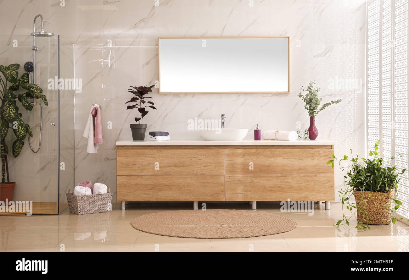 Stylish bathroom interior with countertop, shower stall and houseplants